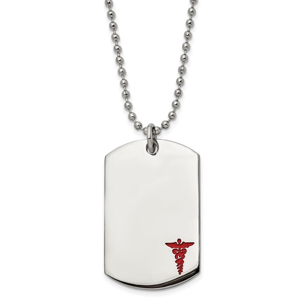 Kazi Luxury Steel Red Enamel Medical ID Dog Tag on a 24in Ball Chain Necklace